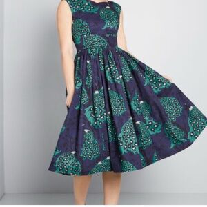 ModCloth x Dupenny fit and flare peacock print dress